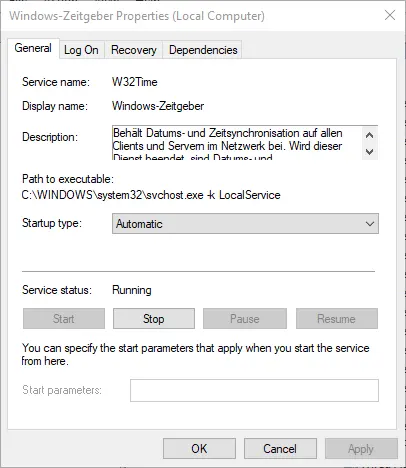 Windows time service properties window